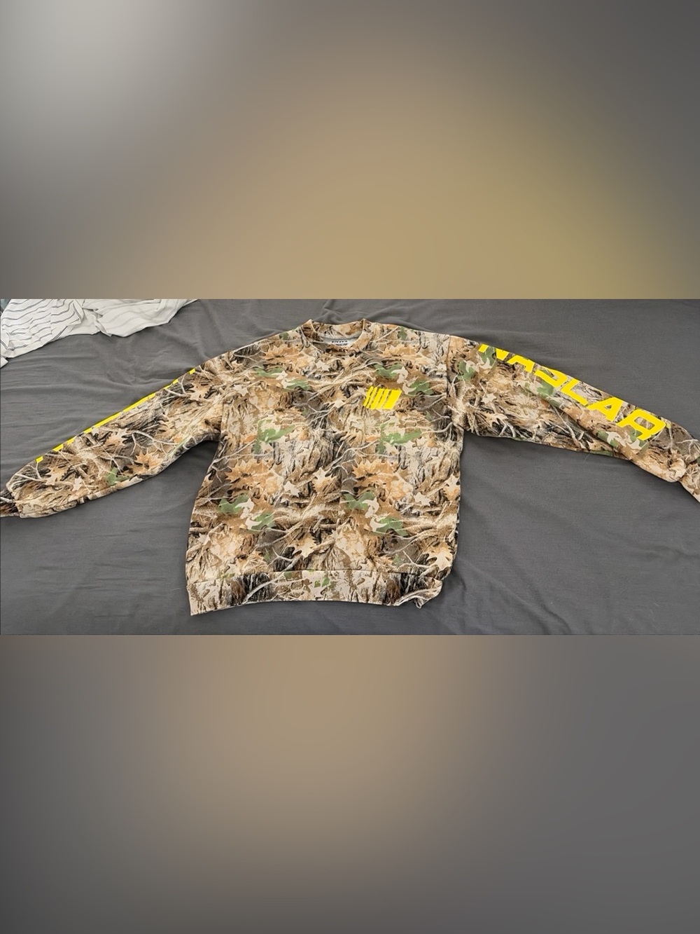 Nascar Men's Camo Crewneck with Yellow Sleeve Script